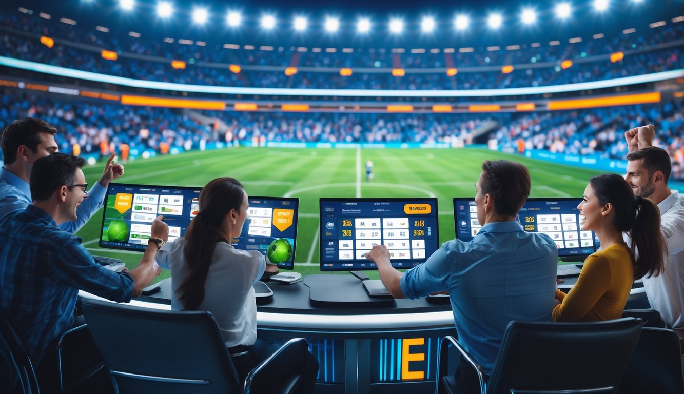 Orang-orang sedang menggunakan perangkat digital untuk bertaruh pada berbagai olahraga seperti sepak bola, bola basket, dan tenis dengan latar stadion penuh penonton.