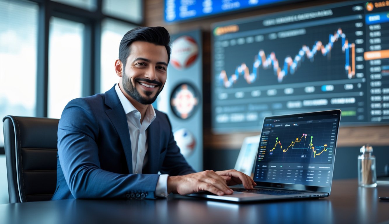 Seorang pria percaya diri duduk di meja kantor modern dengan laptop yang menampilkan grafik taruhan olahraga.