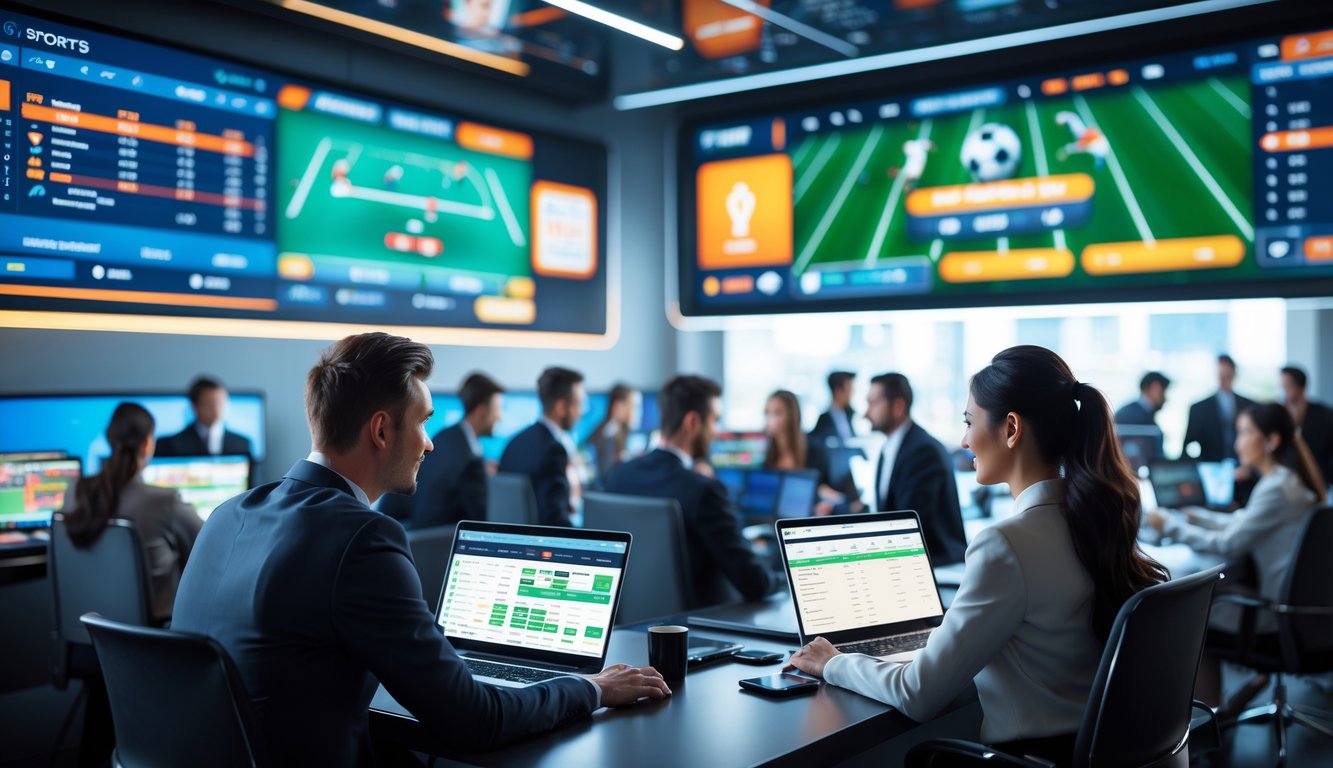 Beberapa orang menggunakan laptop dan ponsel untuk memasang taruhan olahraga di ruang kerja modern dengan layar besar menampilkan pertandingan sepak bola.