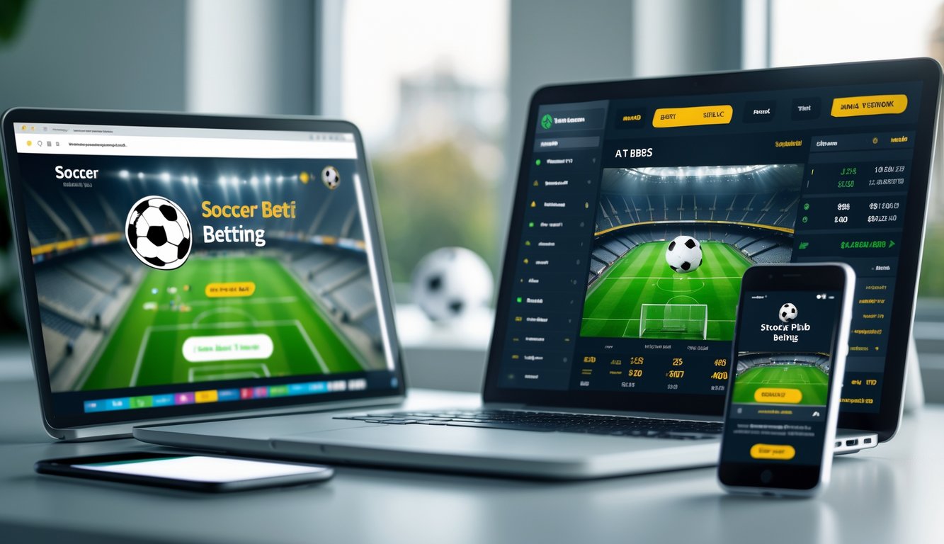Suasana ruang kerja modern dengan beberapa perangkat digital yang menampilkan antarmuka taruhan sepak bola secara online.