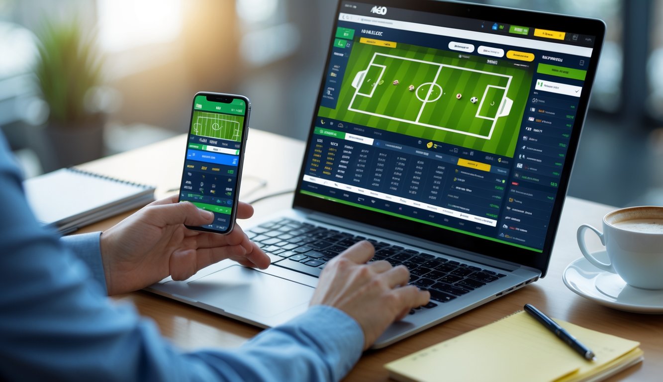 Seorang pria sedang menggunakan laptop dan ponsel untuk bertaruh bola secara online di meja kerja dengan kopi dan alat tulis.