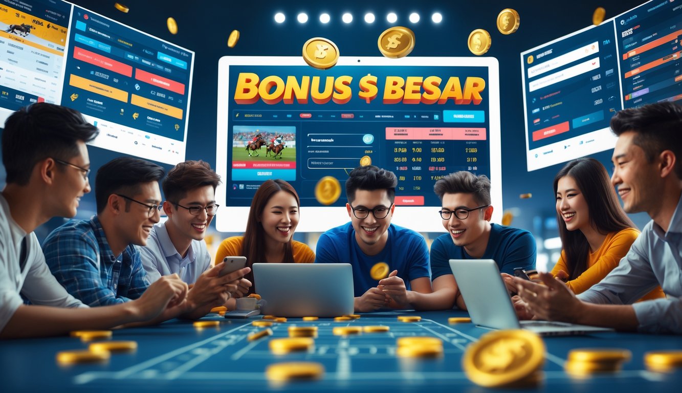 Sekelompok orang muda sedang menggunakan perangkat digital untuk taruhan olahraga dengan layar besar menampilkan pertandingan olahraga langsung di latar belakang.