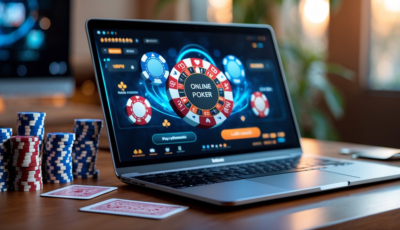 Seorang pemain poker online sedang bermain di depan laptop dengan chip poker dan kartu di meja.