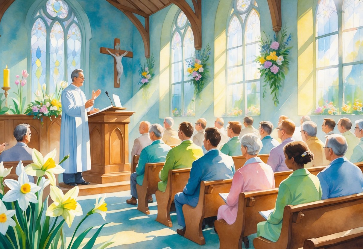 A pastor delivering a sermon to a diverse congregation inside a sunlit church decorated with spring flowers and stained glass windows.