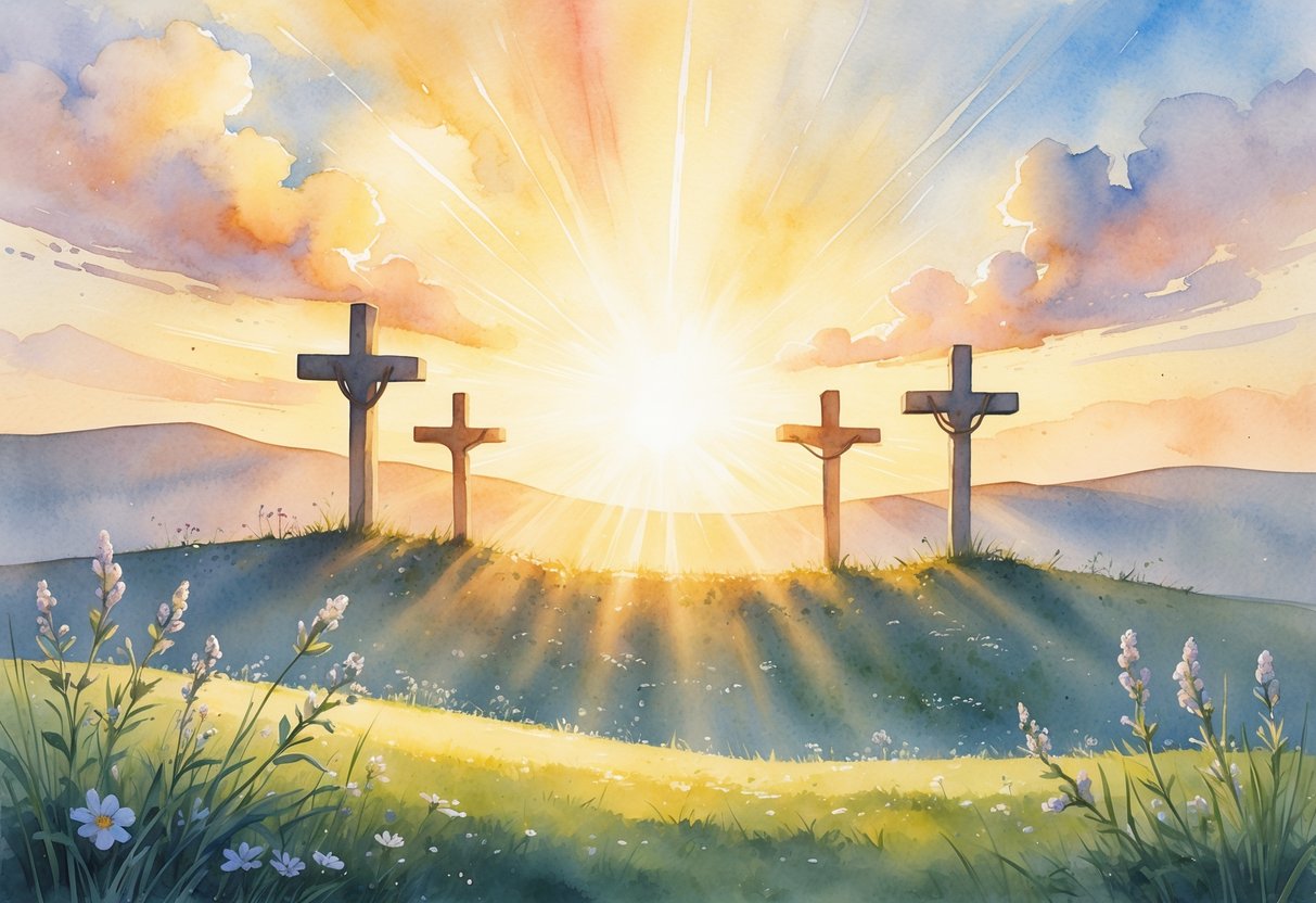 A peaceful sunrise over a hill with three empty crosses and blooming wildflowers in the foreground.