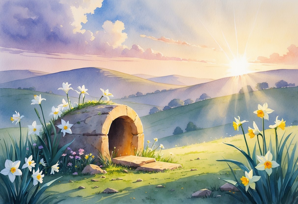 An empty tomb with the stone rolled away surrounded by spring flowers and gentle hills under a sunrise sky.