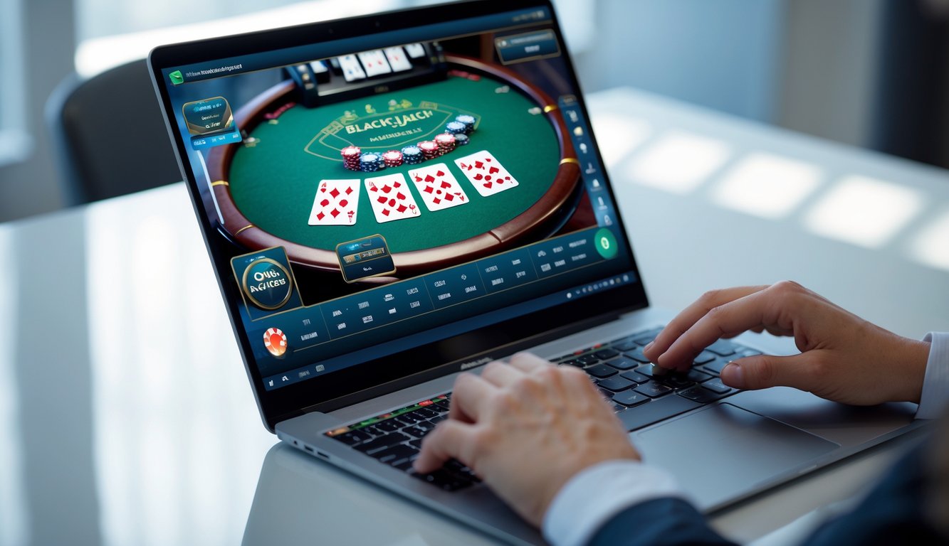 Seseorang bermain blackjack online di laptop dengan meja kartu dan chip terlihat di layar.