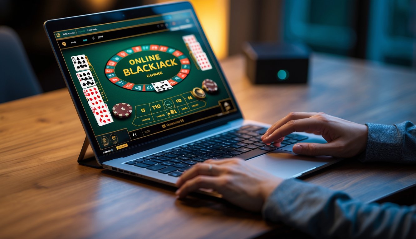 Seseorang sedang bermain blackjack online menggunakan laptop di atas meja kayu.