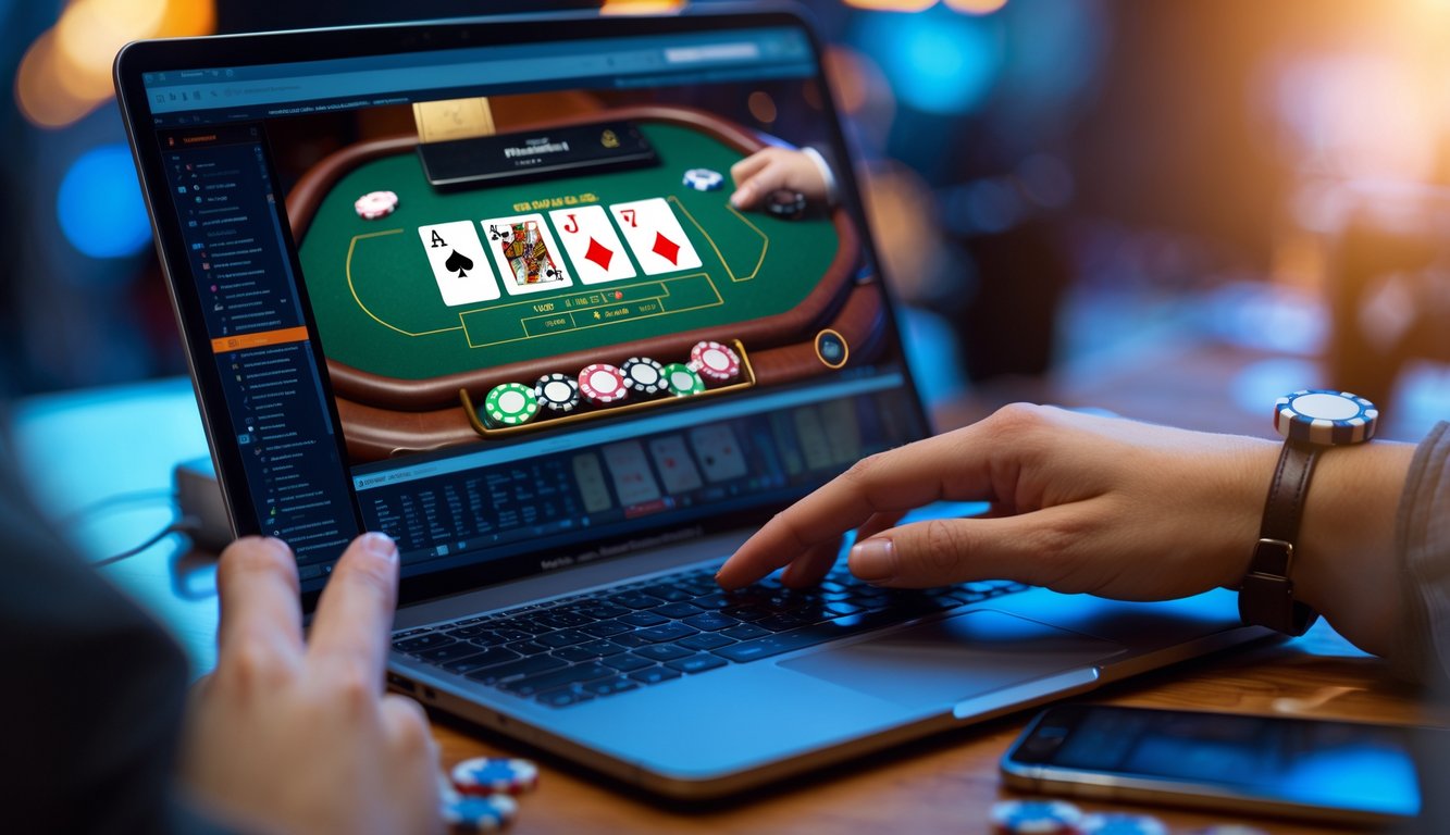 Seseorang bermain blackjack online menggunakan laptop di meja kerja dengan kartu dan chip terlihat di layar.