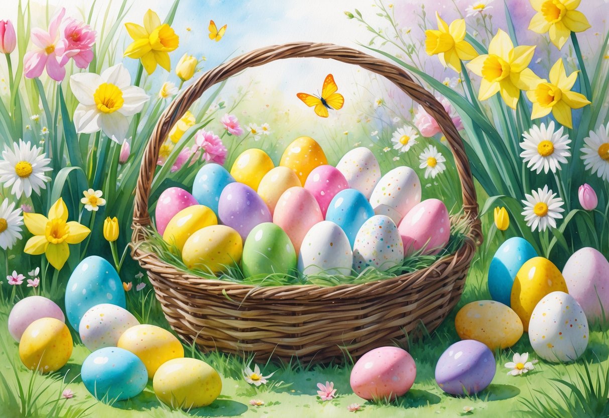 A basket filled with naturally colored Easter eggs and candies surrounded by spring flowers and butterflies in a garden setting.