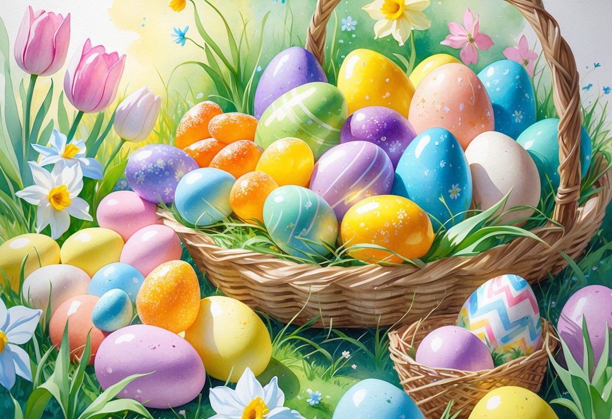 A colorful Easter scene with various candies, spring flowers, decorated eggs, and baskets arranged on grass.