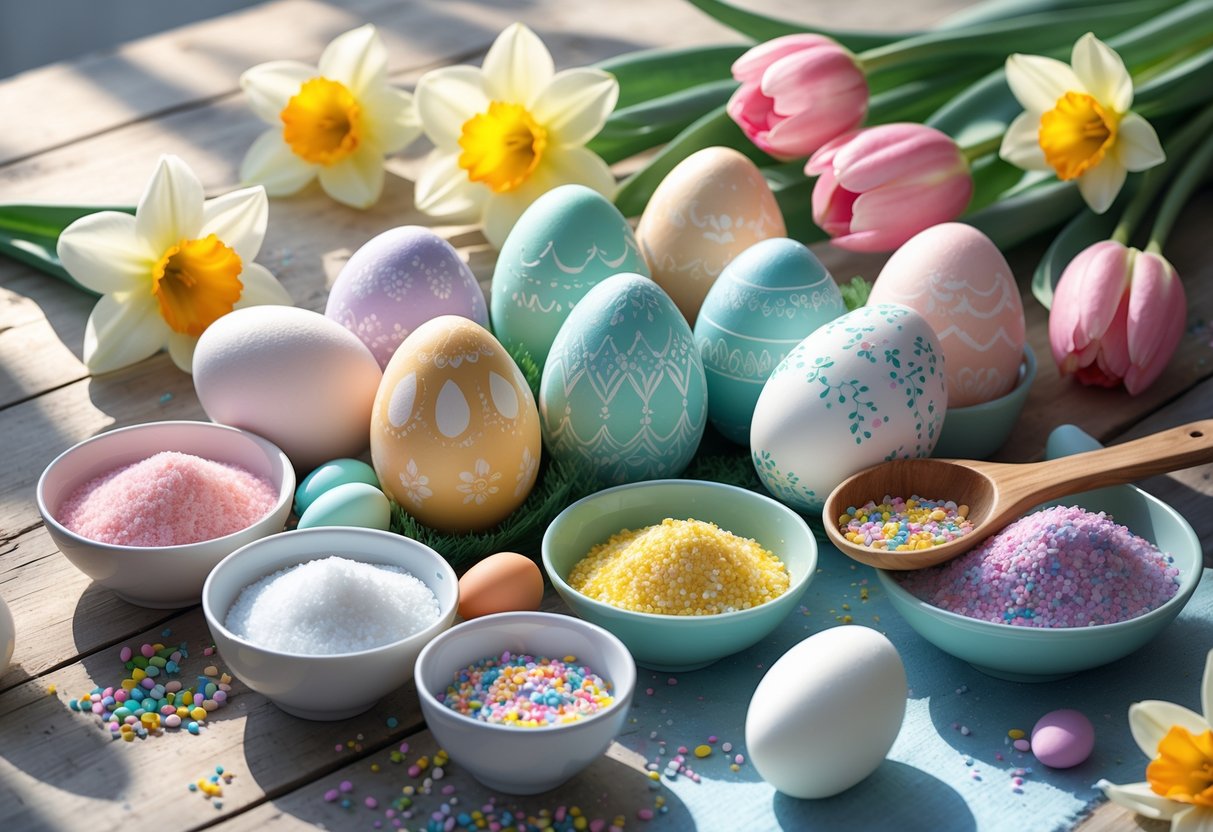 A table with sugar eggs, bowls of sugar and sprinkles, a wooden spoon, a cracked egg, and spring flowers arranged together.