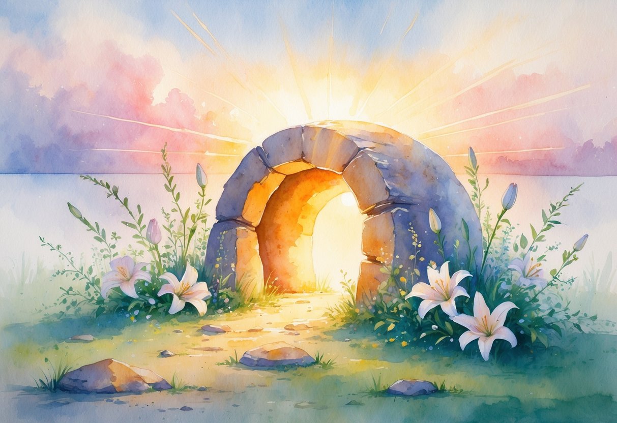 An empty tomb with the stone rolled away surrounded by lilies and greenery, with a sunrise in the background.
