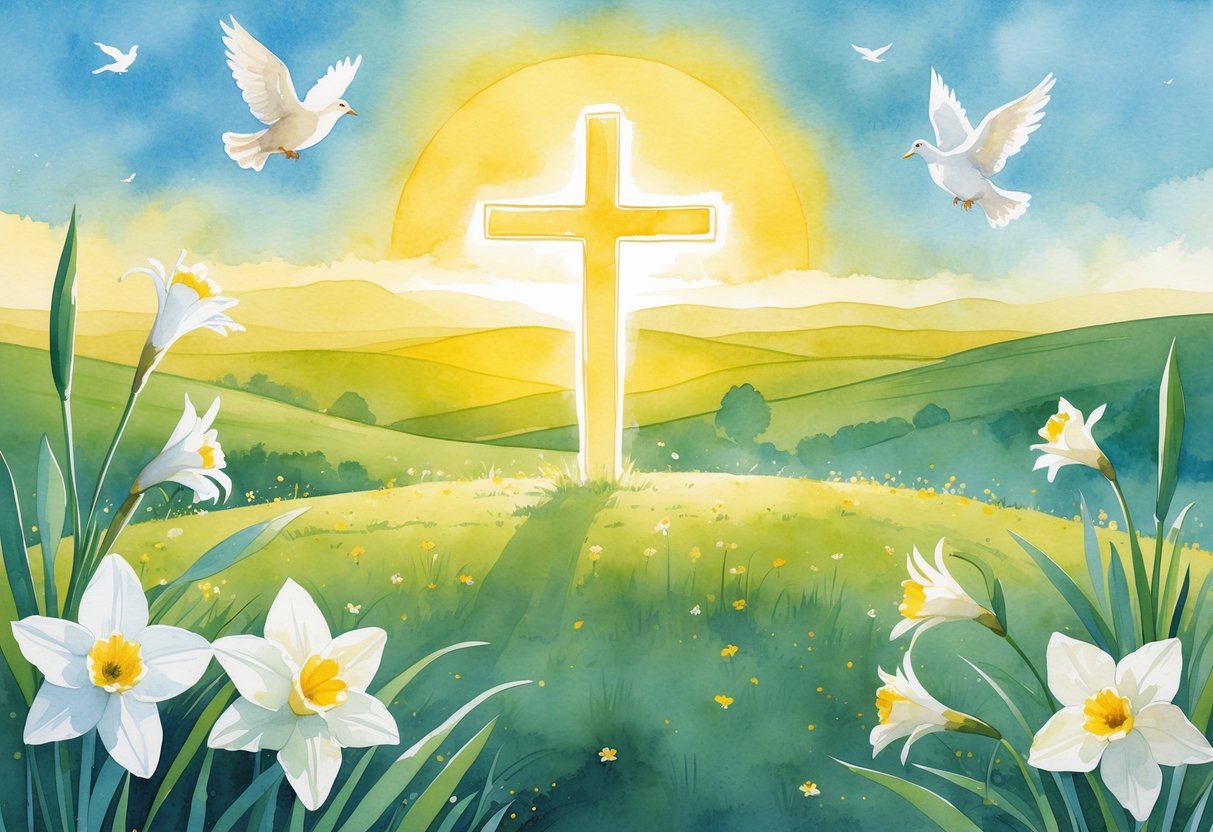 A glowing cross on a hill surrounded by spring flowers, with doves flying nearby and a sunrise over green fields in the background.