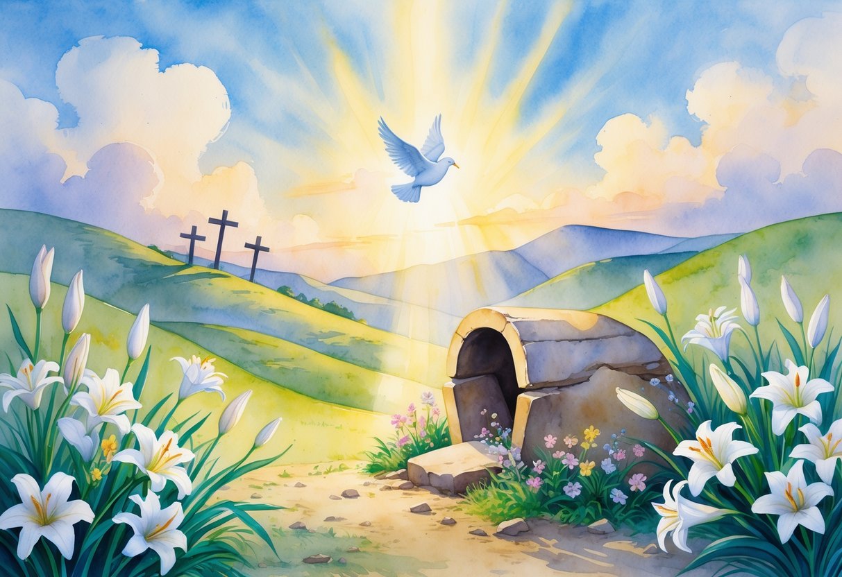 A peaceful scene showing an empty tomb with flowers around it, three crosses on a hill in the distance, and a dove flying above.