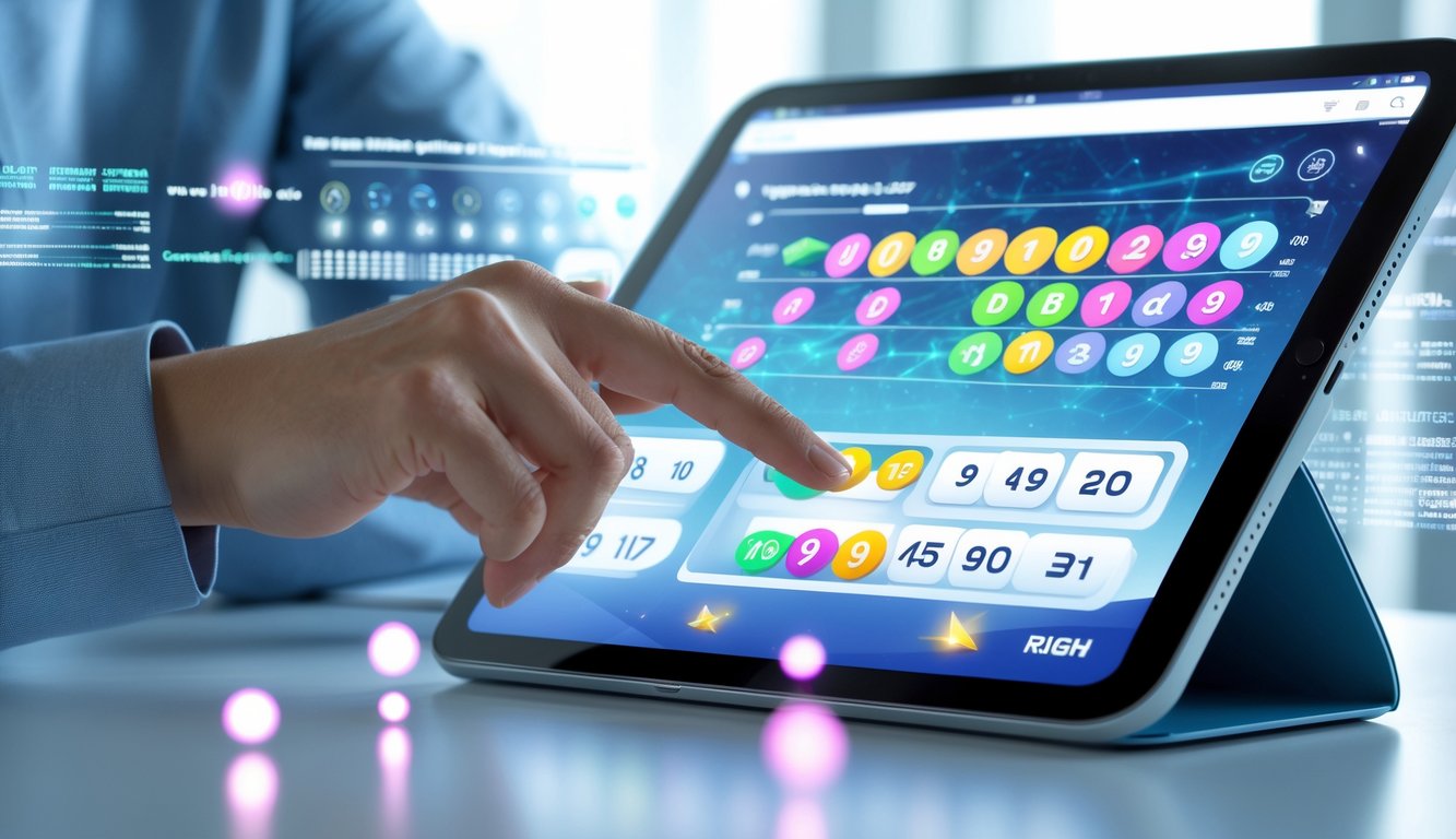 Seseorang menggunakan tablet dengan antarmuka lotere digital futuristik di ruang kerja modern.