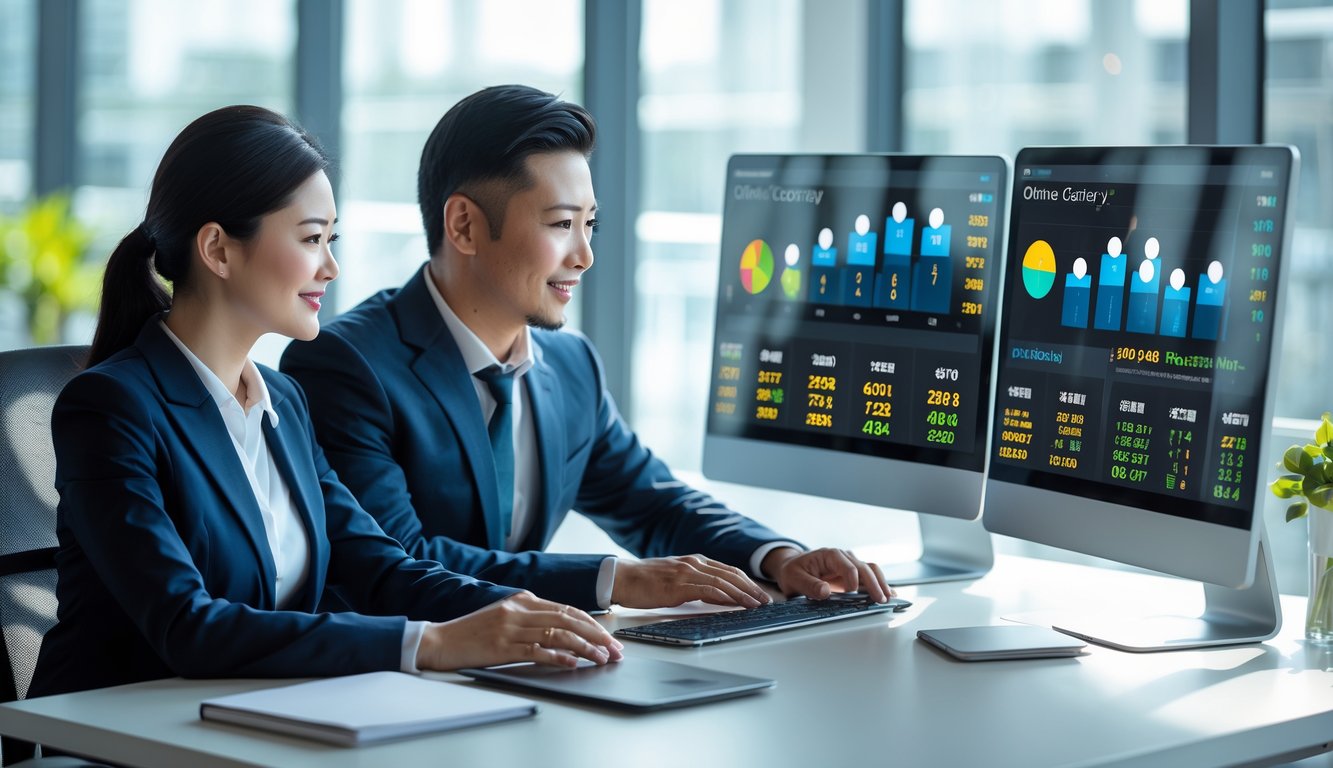 Seorang pria dan wanita Asia duduk bersama di meja kantor modern sambil melihat data di layar komputer.