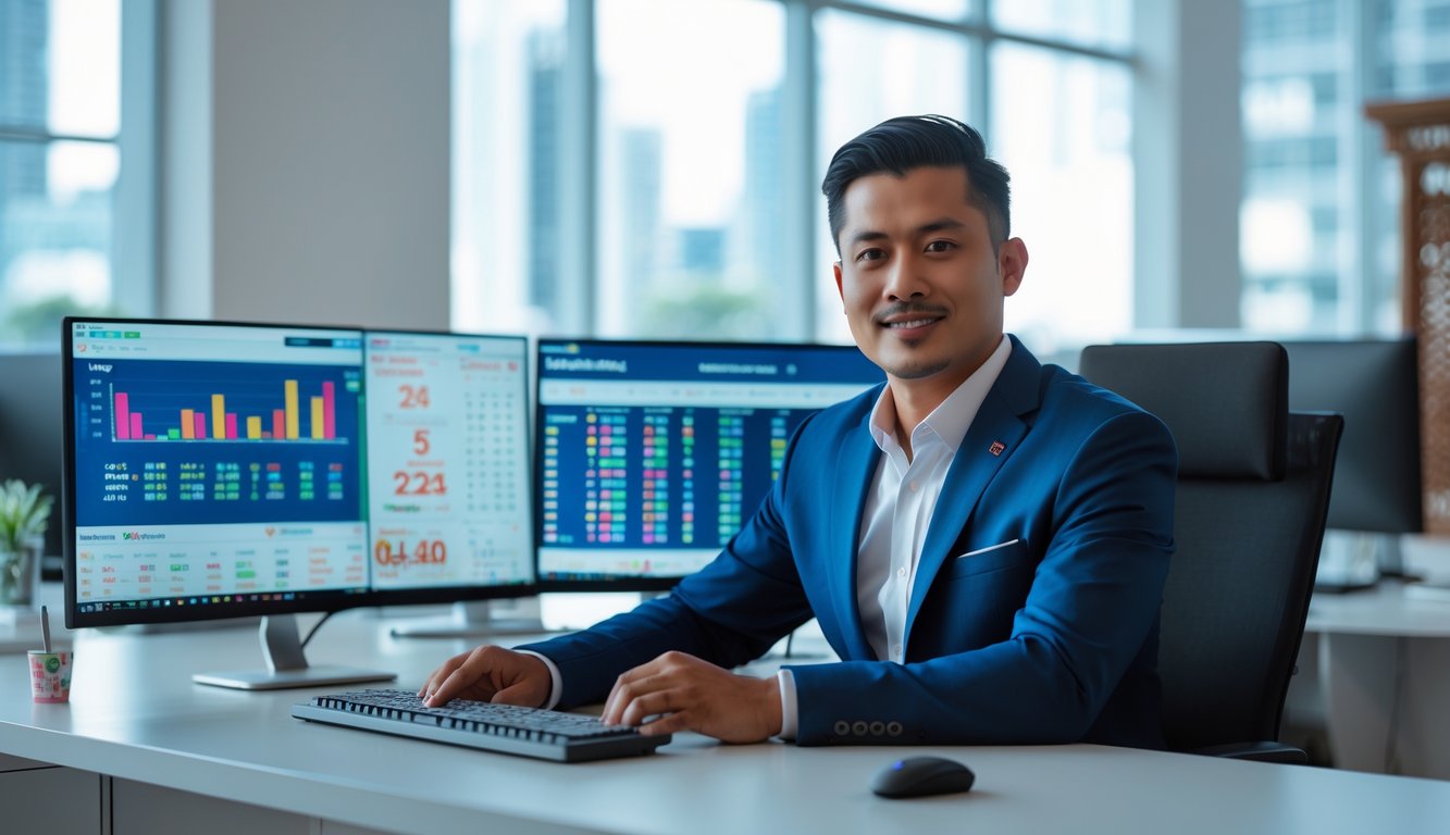 Seorang pria Indonesia duduk di meja kantor dengan beberapa layar komputer yang menampilkan data terkait lotere, di ruangan kantor yang terang dan rapi.