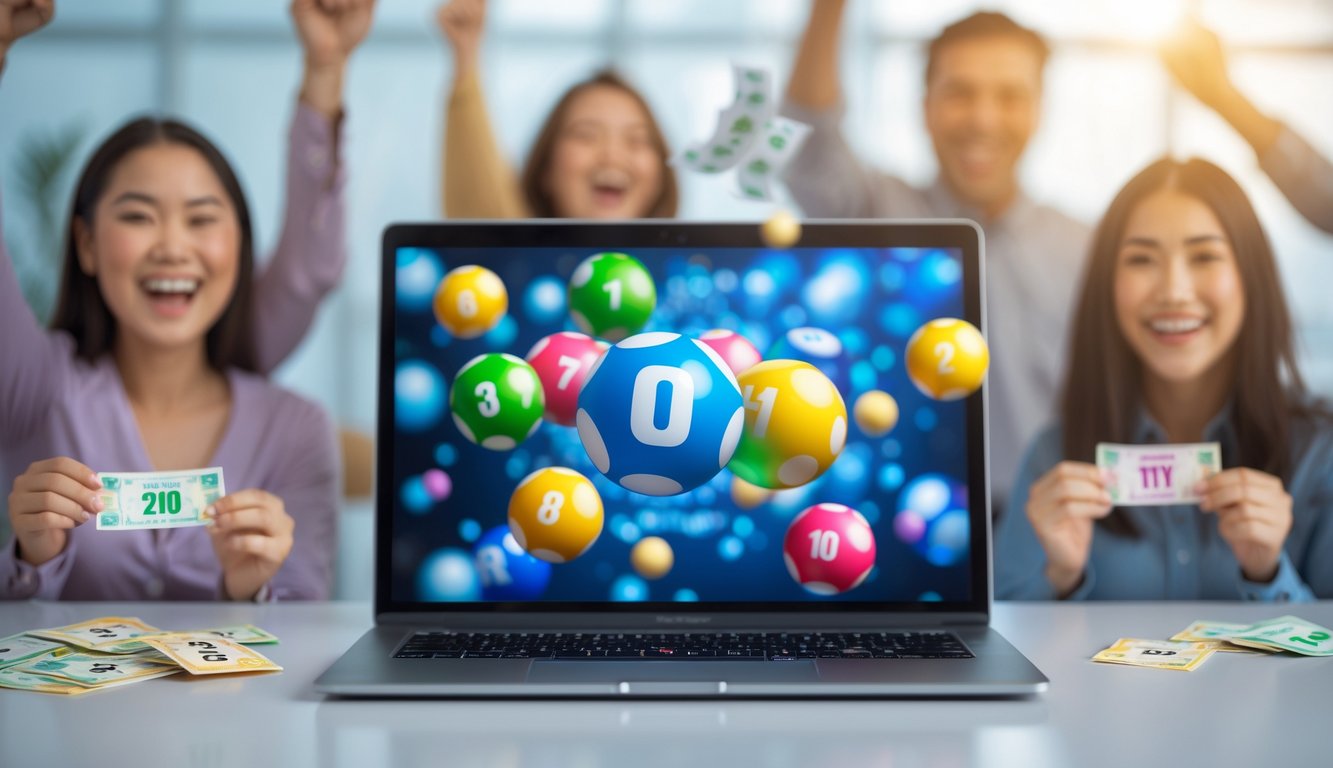 Orang-orang yang sedang merayakan kemenangan lotere online dengan laptop dan bola lotere berwarna-warni di layar.