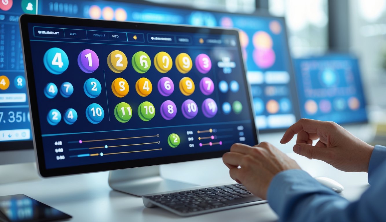 Tampilan layar komputer dengan antarmuka angka 4D, 3D, dan 2D dalam suasana kantor modern.