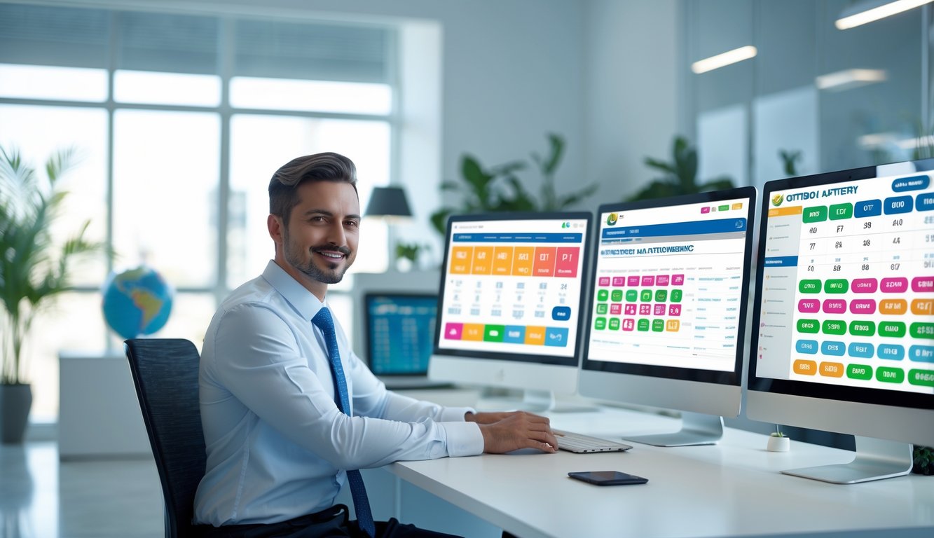 Seorang profesional duduk di meja kerja dengan beberapa layar komputer yang menampilkan angka dan grafik terkait lotere online di sebuah kantor modern.