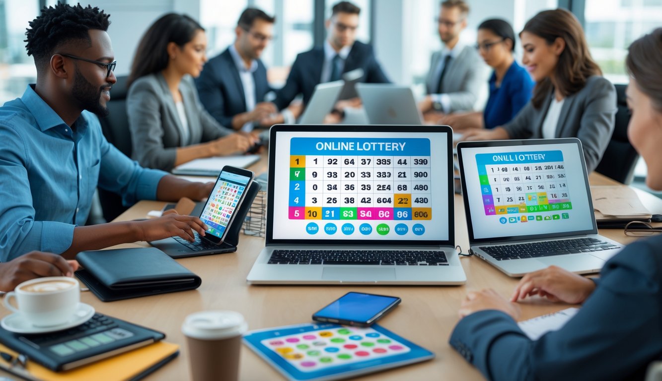Orang-orang menggunakan perangkat digital di ruang kantor modern dengan tampilan angka lotere di layar.