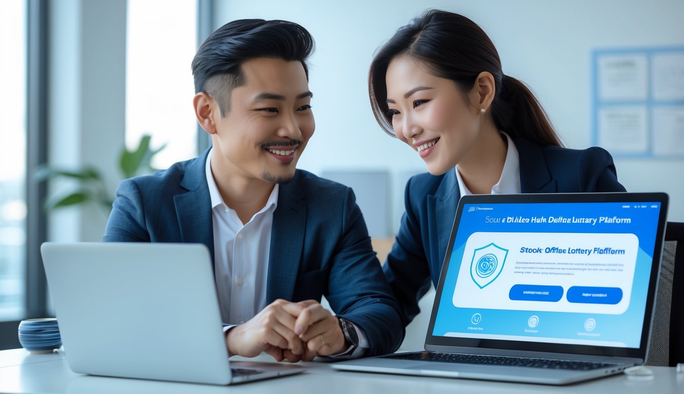 Seorang pria dan wanita Asia sedang berdiskusi di kantor modern sambil melihat layar laptop yang menampilkan platform togel online yang aman.