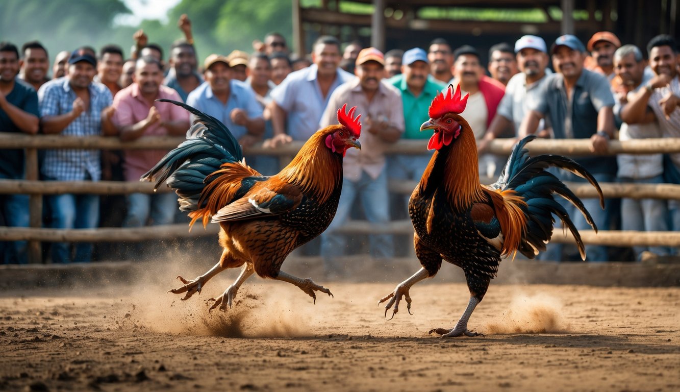 Dua ayam jago sedang bertarung di arena dengan kerumunan orang yang menonton di sekitarnya.