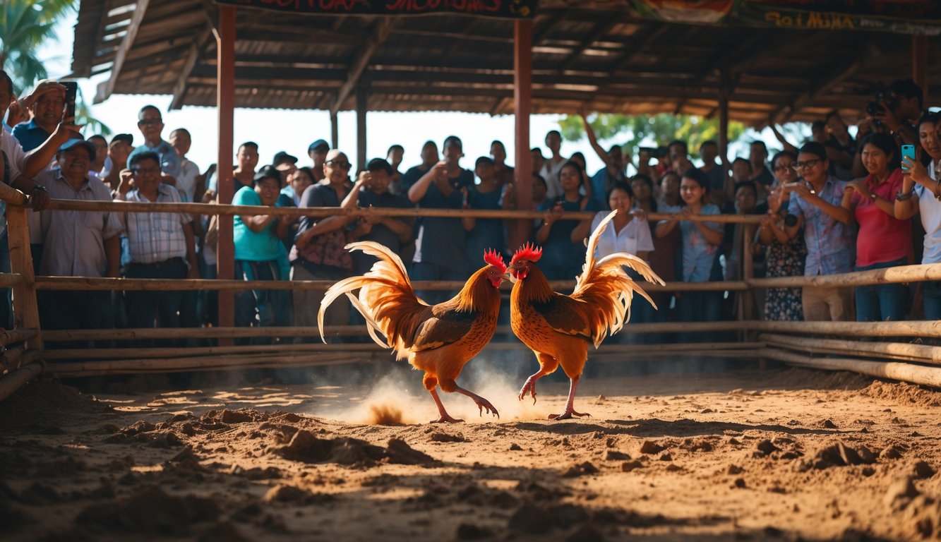 Suasana arena sabung ayam dengan dua ayam jago bertarung di tengah dan penonton yang antusias mengelilingi arena.
