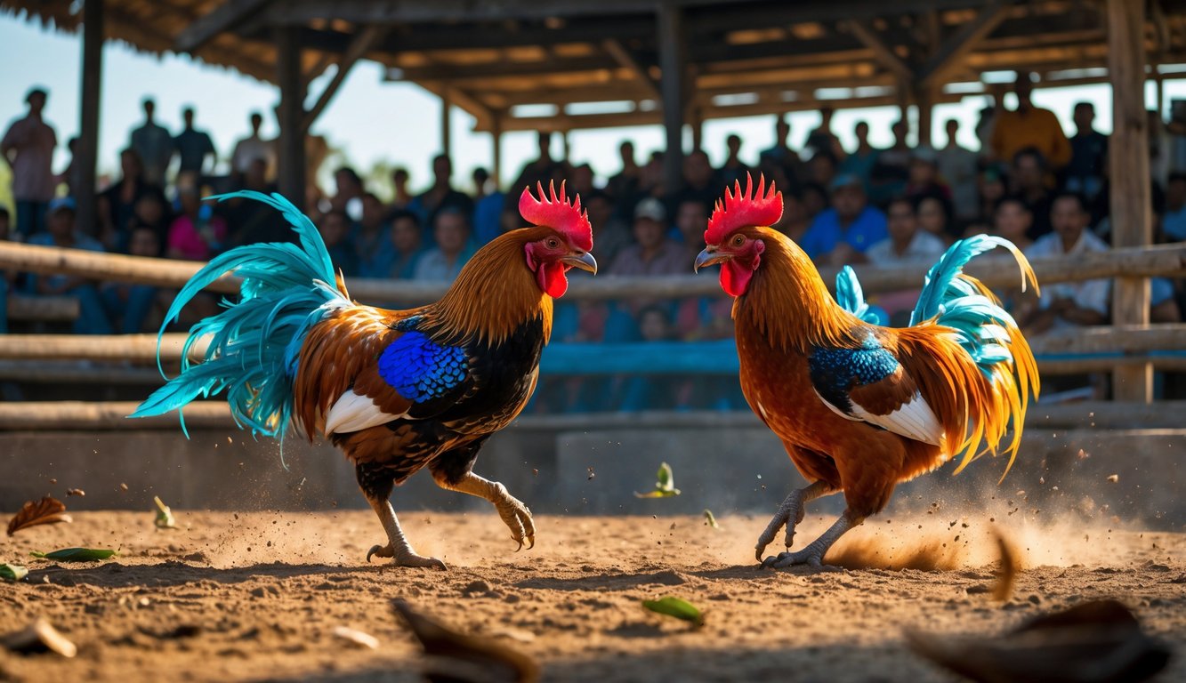 Dua ayam jago sedang bertarung di arena terbuka dengan penonton di latar belakang.