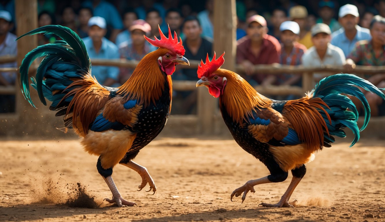 Dua ayam jago sedang bertarung di arena kayu dengan penonton yang memperhatikan di latar belakang.