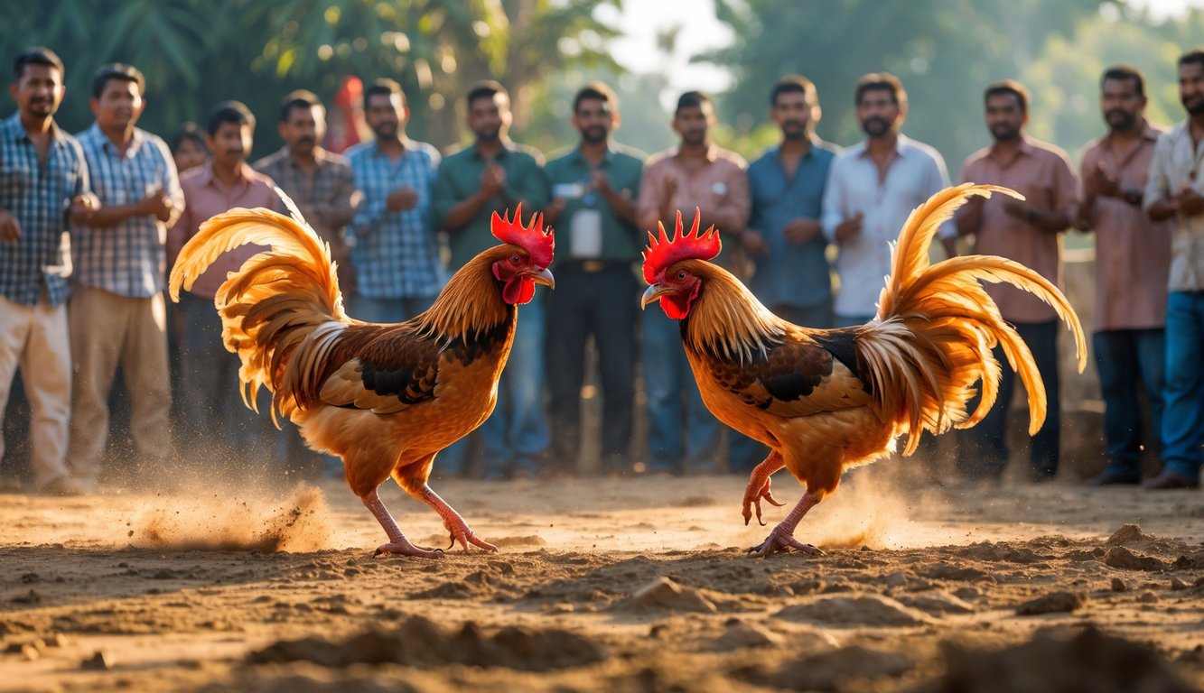 Dua ayam jago sedang bertarung di arena dengan penonton yang memperhatikan di sekitarnya.