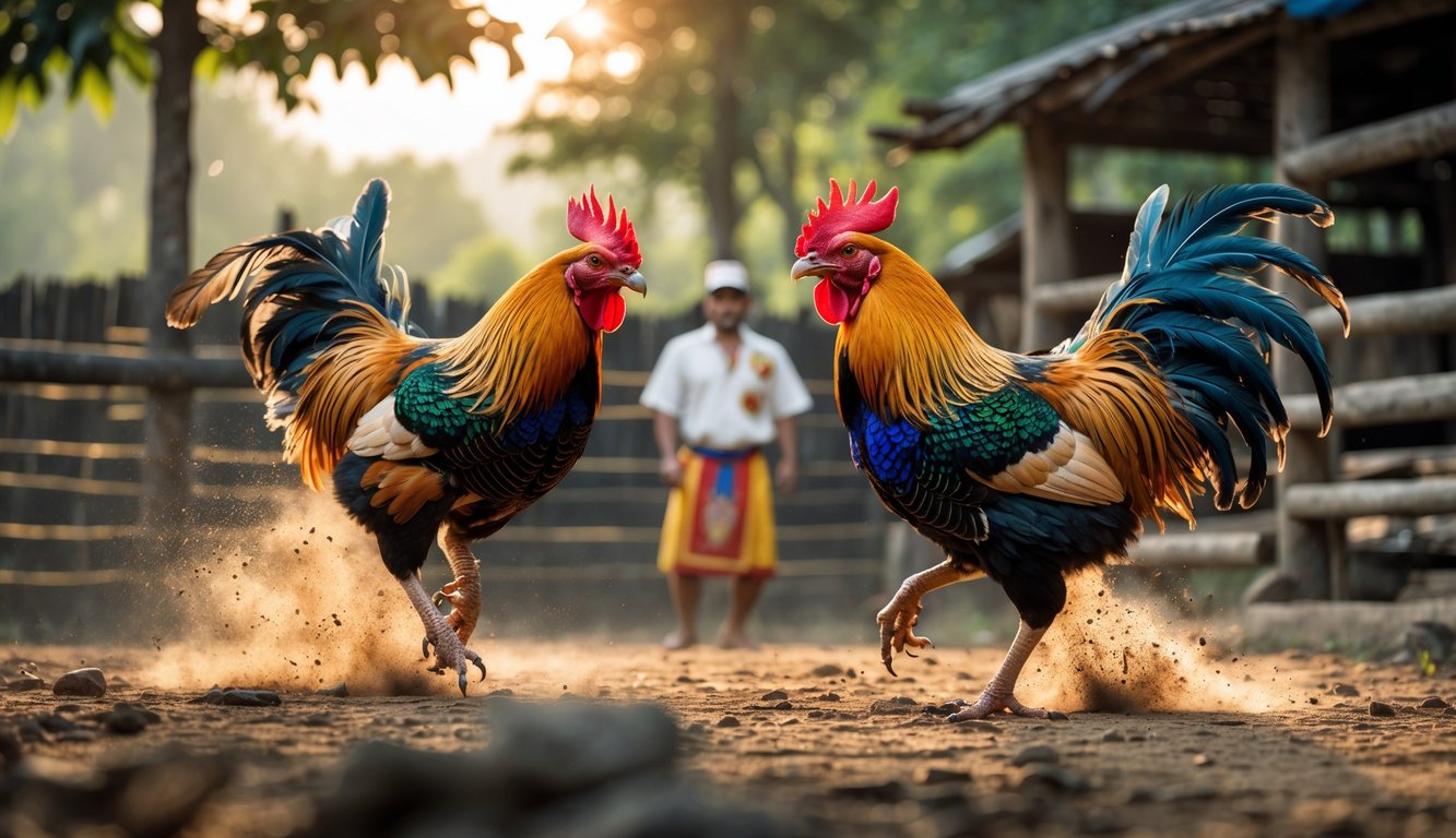 Dua ayam jago berwarna-warni sedang bertarung di luar ruangan dengan seorang pria mengenakan pakaian tradisional mengamati dengan serius.