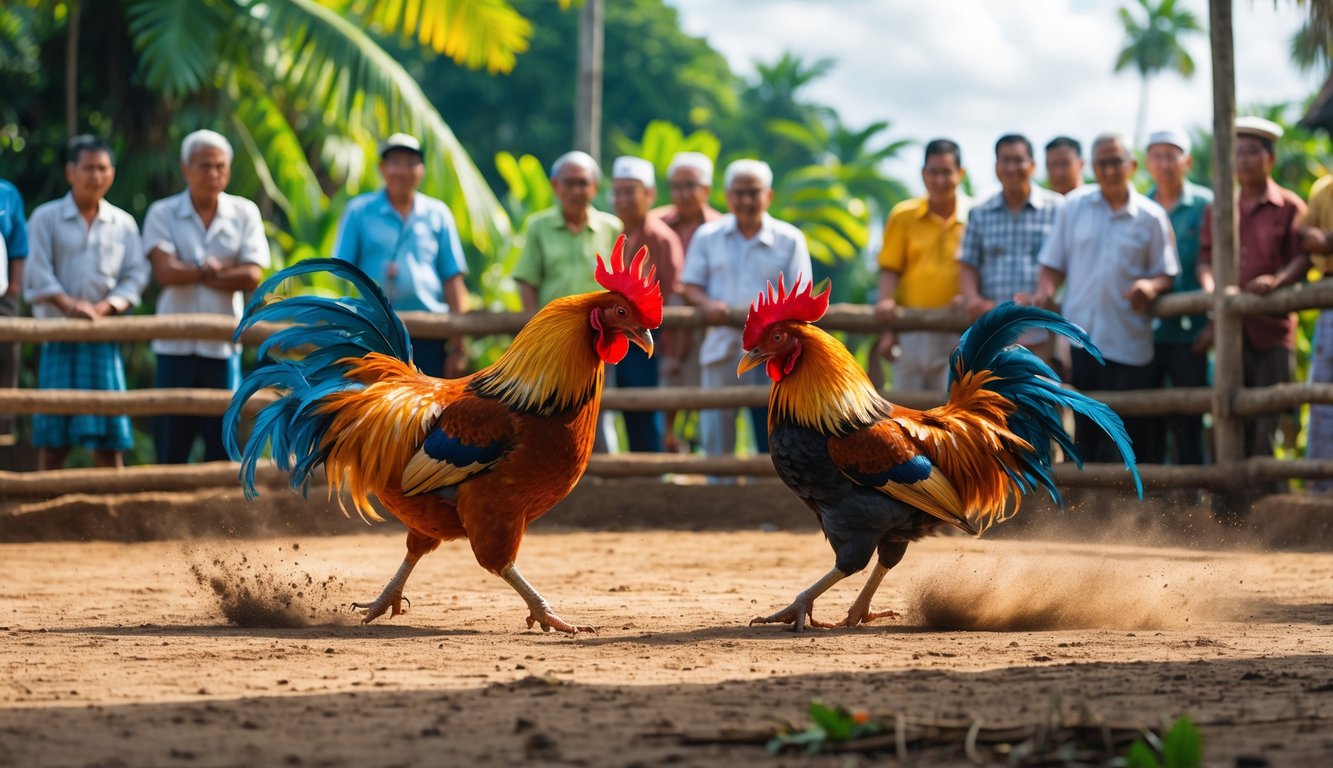 Dua ayam jantan sedang bertarung di arena luar ruangan dengan penonton yang memperhatikan di sekitarnya.