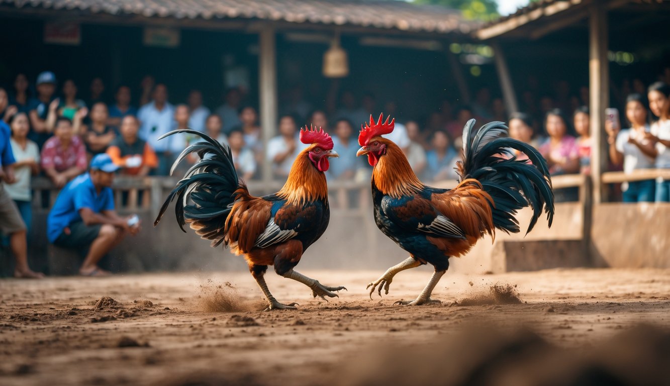 Pertarungan dua ayam jago di arena sabung ayam dengan penonton di latar belakang.