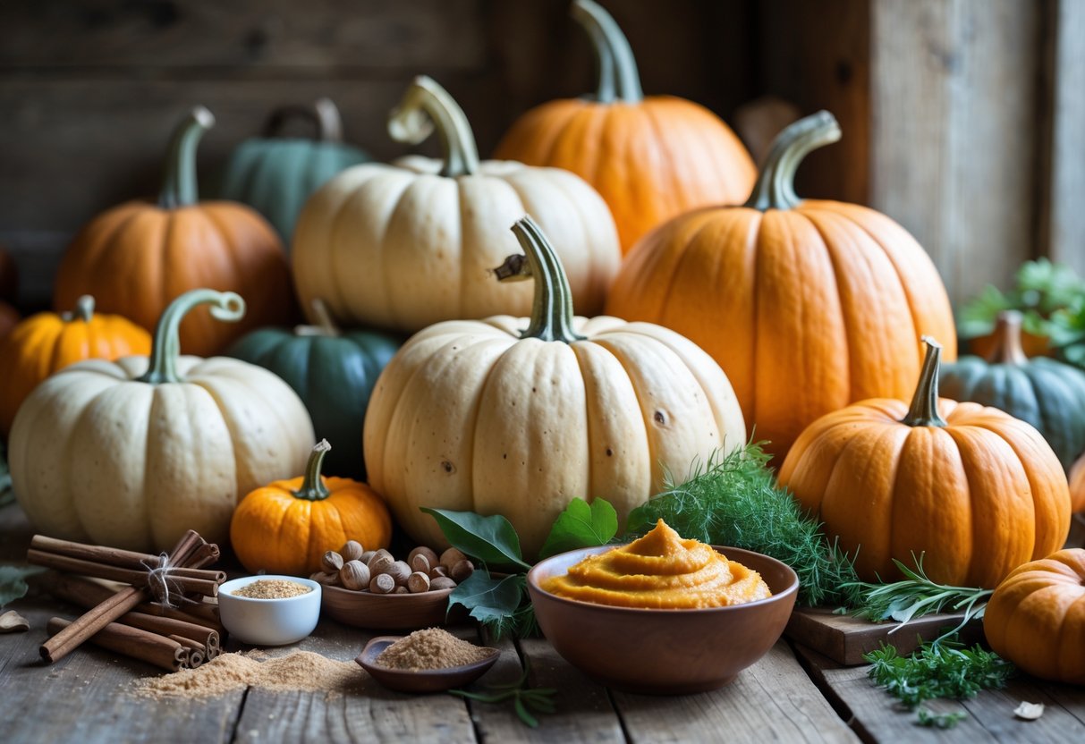 A variety of pumpkins and fresh cooking ingredients arranged on a wooden table.