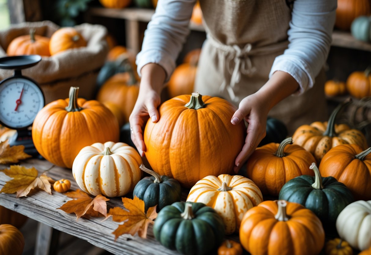 Hands selecting a medium orange pumpkin from a variety of pumpkins arranged on a wooden table with autumn leaves and a burlap sack nearby.
