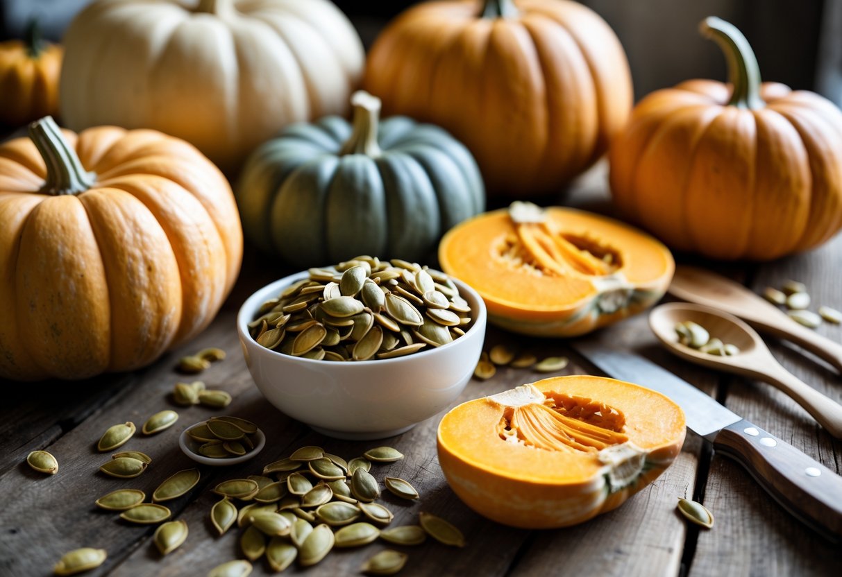 Various pumpkins and roasted pumpkin seeds arranged on a wooden table with sliced pumpkin pieces and kitchen utensils.