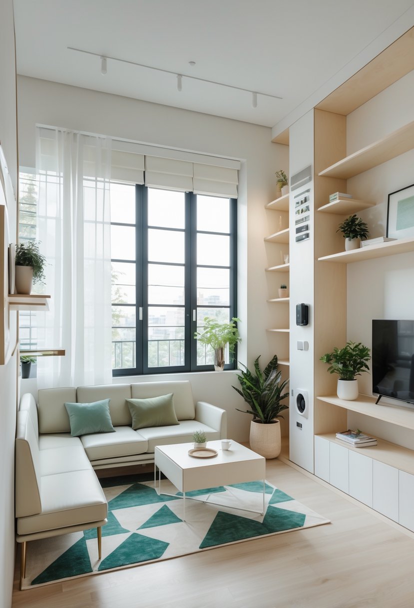 Compact Living Room Ideas 2026: 22 Smart Designs for Modern Small Spaces 2 A compact living room with a small sofa, coffee table, built-in shelves, large windows, plants, and minimal decor.