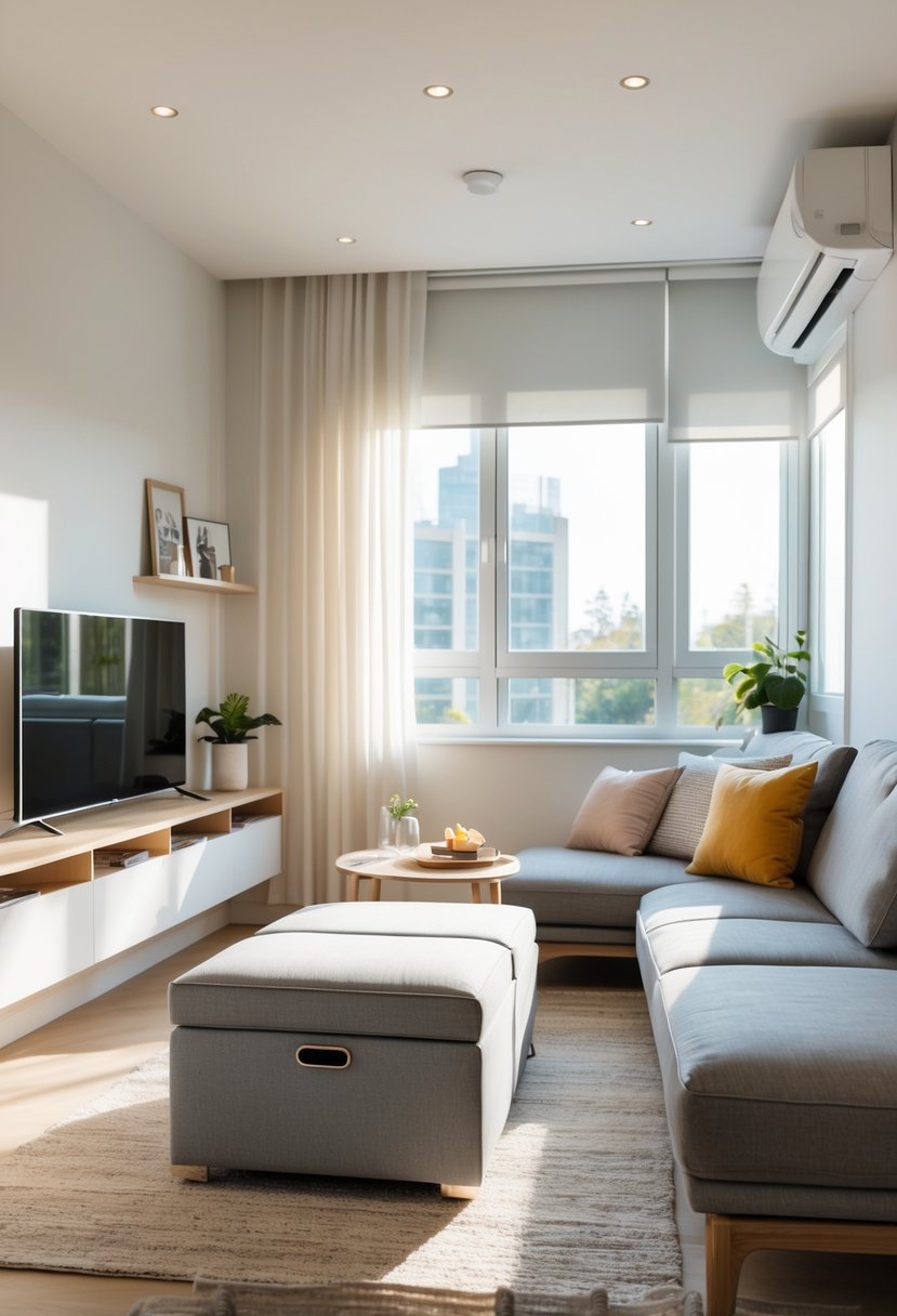 Compact Living Room Ideas 2026: 22 Smart Designs for Modern Small Spaces 3 Compact living room with a storage ottoman near a sofa, natural light, and organized furniture.