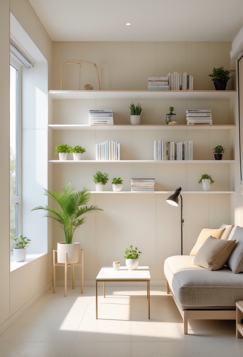 Compact Living Room Ideas 2026: 22 Smart Designs for Modern Small Spaces 4 Compact living room with wall-mounted shelves holding books and plants, a small sofa, and a coffee table with clear floor space.