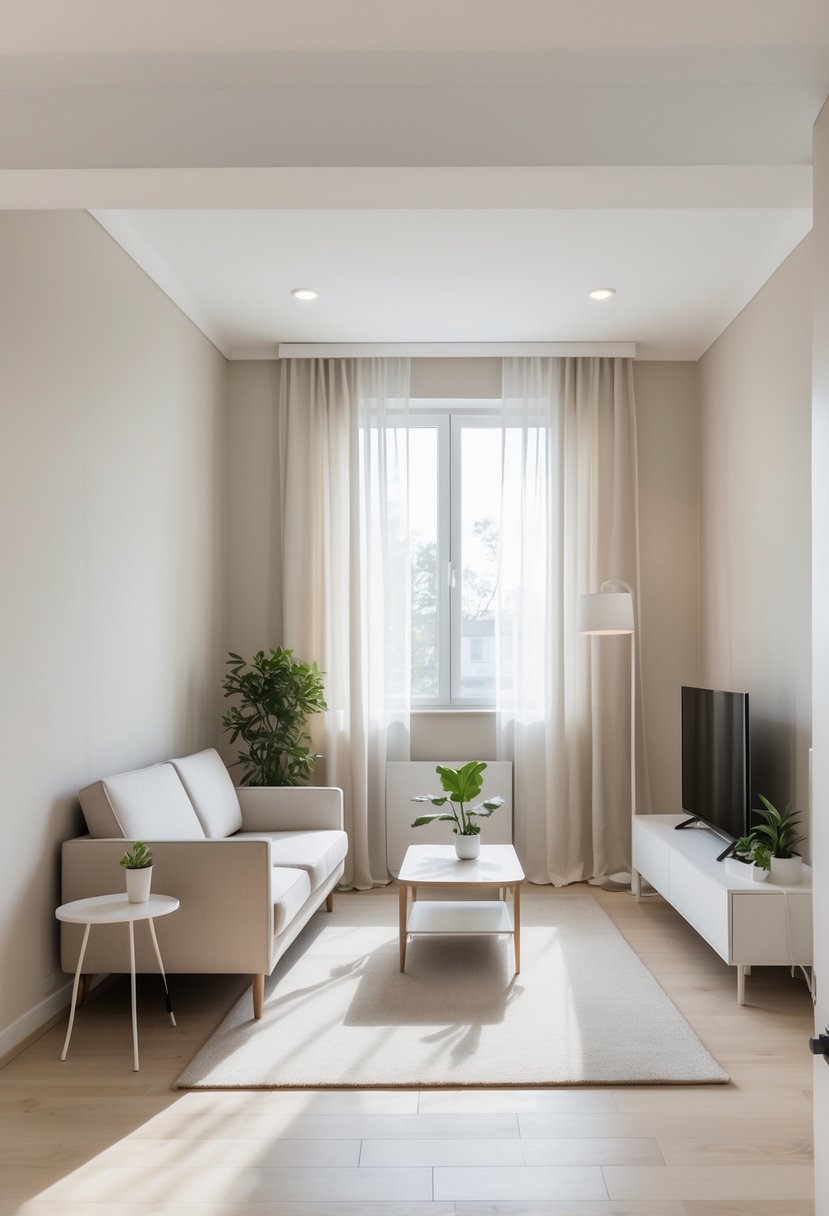 Compact Living Room Ideas 2026: 22 Smart Designs for Modern Small Spaces 5 A compact living room with light neutral walls, a small sofa, coffee table, indoor plant, and natural light coming through a window.