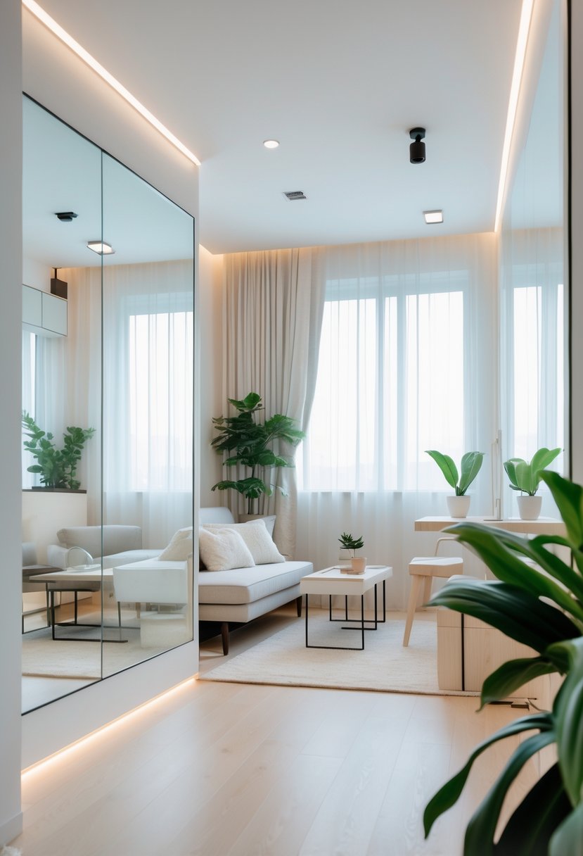 Compact Living Room Ideas 2026: 22 Smart Designs for Modern Small Spaces 6 Compact living room with mirrors on walls creating an illusion of spaciousness, featuring a small sofa, coffee table, and plants.