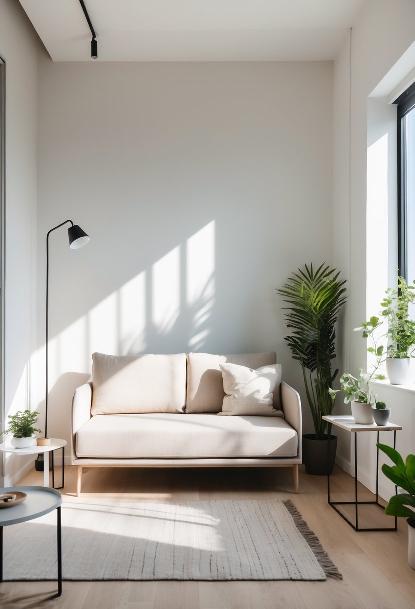 Compact Living Room Ideas 2026: 22 Smart Designs for Modern Small Spaces 7 A small living room with a slim sofa, coffee table, floor lamp, and plants, illuminated by natural light.