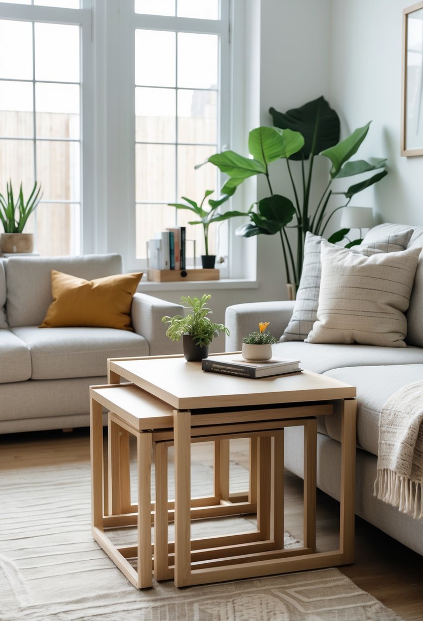 Compact Living Room Ideas 2026: 22 Smart Designs for Modern Small Spaces 8 A compact living room with nesting tables tucked together beside a sofa, surrounded by natural light and minimal furniture.