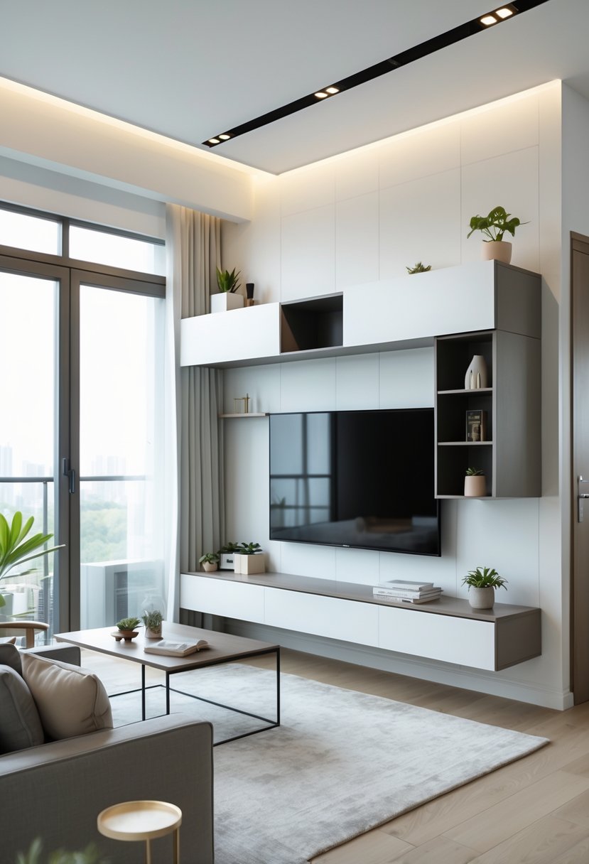 Compact Living Room Ideas 2026: 22 Smart Designs for Modern Small Spaces 9 Compact living room with floating TV units mounted on the wall, a sofa, coffee table, and natural light from large windows.