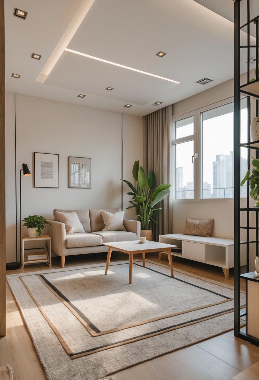 Compact Living Room Ideas 2026: 22 Smart Designs for Modern Small Spaces 10 A compact living room with a rug defining seating and functional areas, featuring a sofa, coffee table, plants, and natural light.