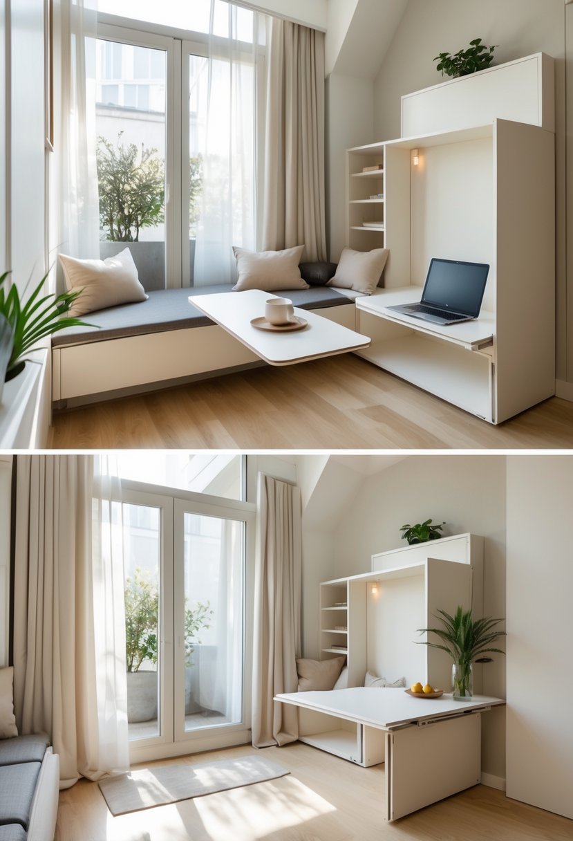 Compact Living Room Ideas 2026: 22 Smart Designs for Modern Small Spaces 11 Compact living room with fold-down desks and tables, a small sofa, and natural light coming through windows.