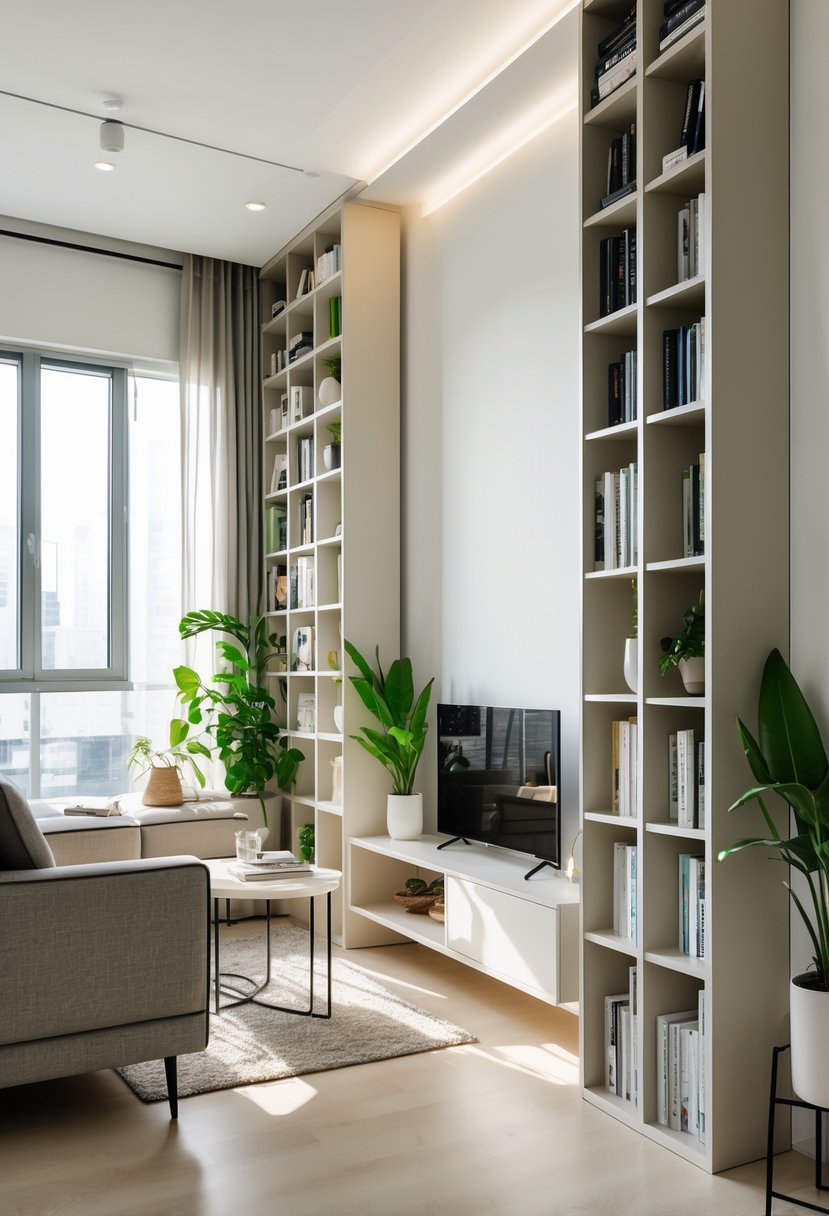 Compact Living Room Ideas 2026: 22 Smart Designs for Modern Small Spaces 12 Compact living room with tall bookcases used for vertical storage, a sofa, coffee table, and indoor plants near large windows.