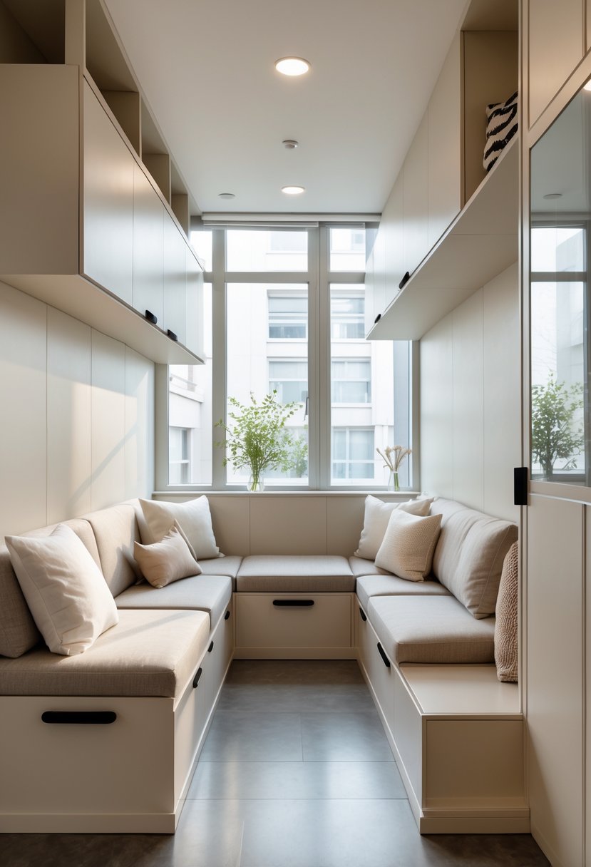 Compact Living Room Ideas 2026: 22 Smart Designs for Modern Small Spaces 14 Compact living room with built-in seating that has storage underneath, a coffee table, and natural light coming through windows.